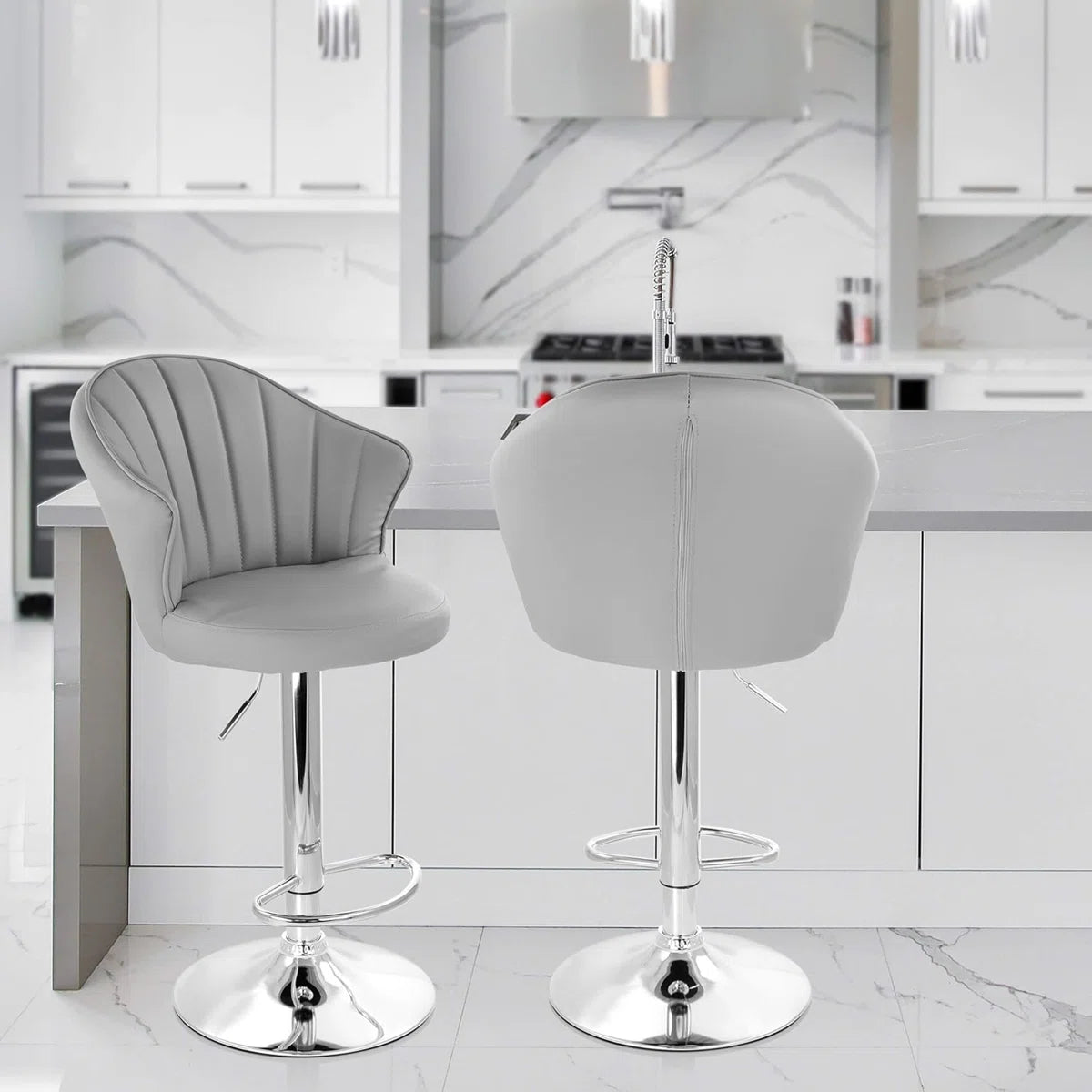 Elama 2 Piece Shell Back Faux Leather Adjustable Bar Stool Dark Gray w Chrome