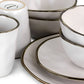 Elama Modern 16 pc Stoneware Dinnerware Set in Matte White w Gold Rim
