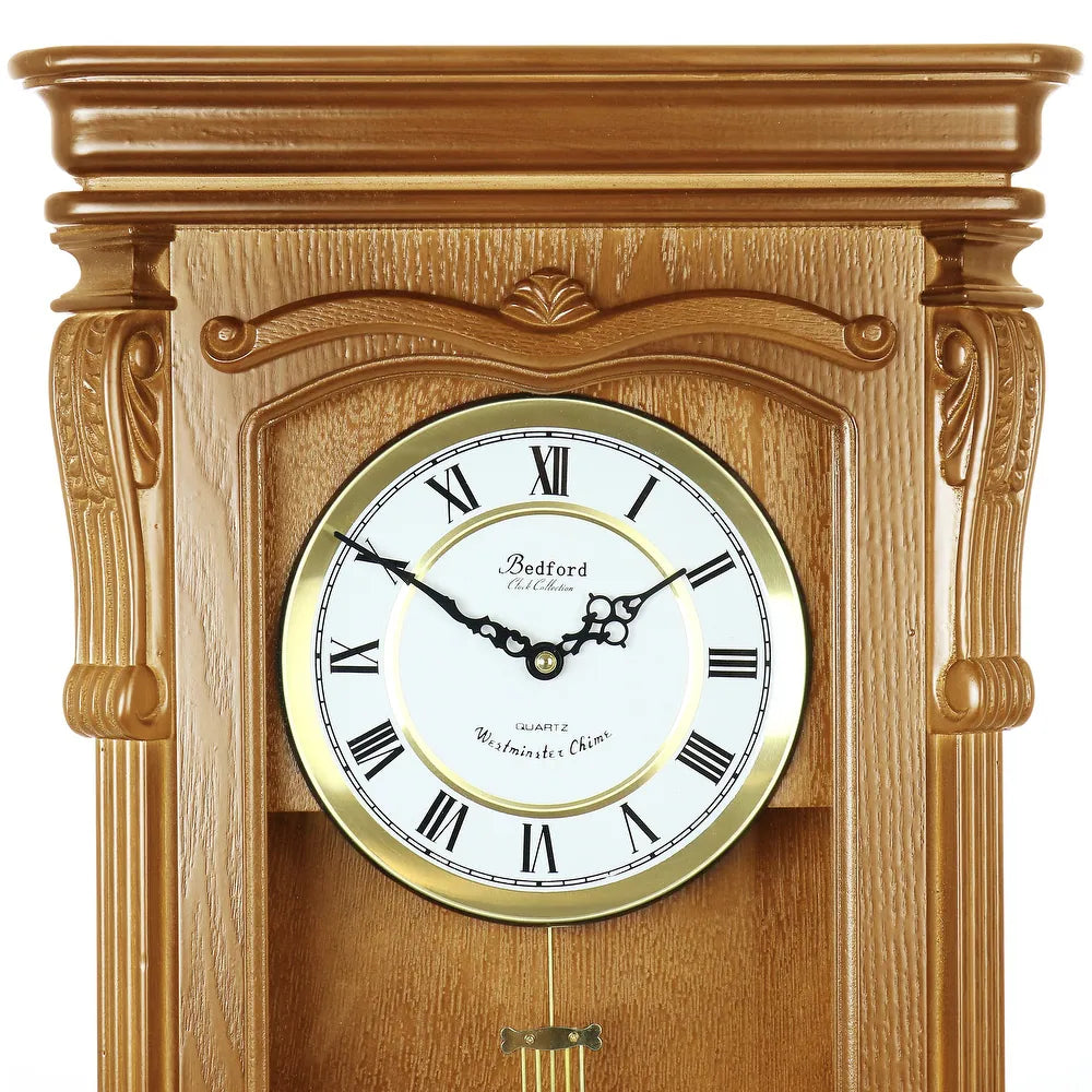 Bedford 26” Golden Oak Wood Finish Wall Clock w Swinging Pendulum & 4 Chimes