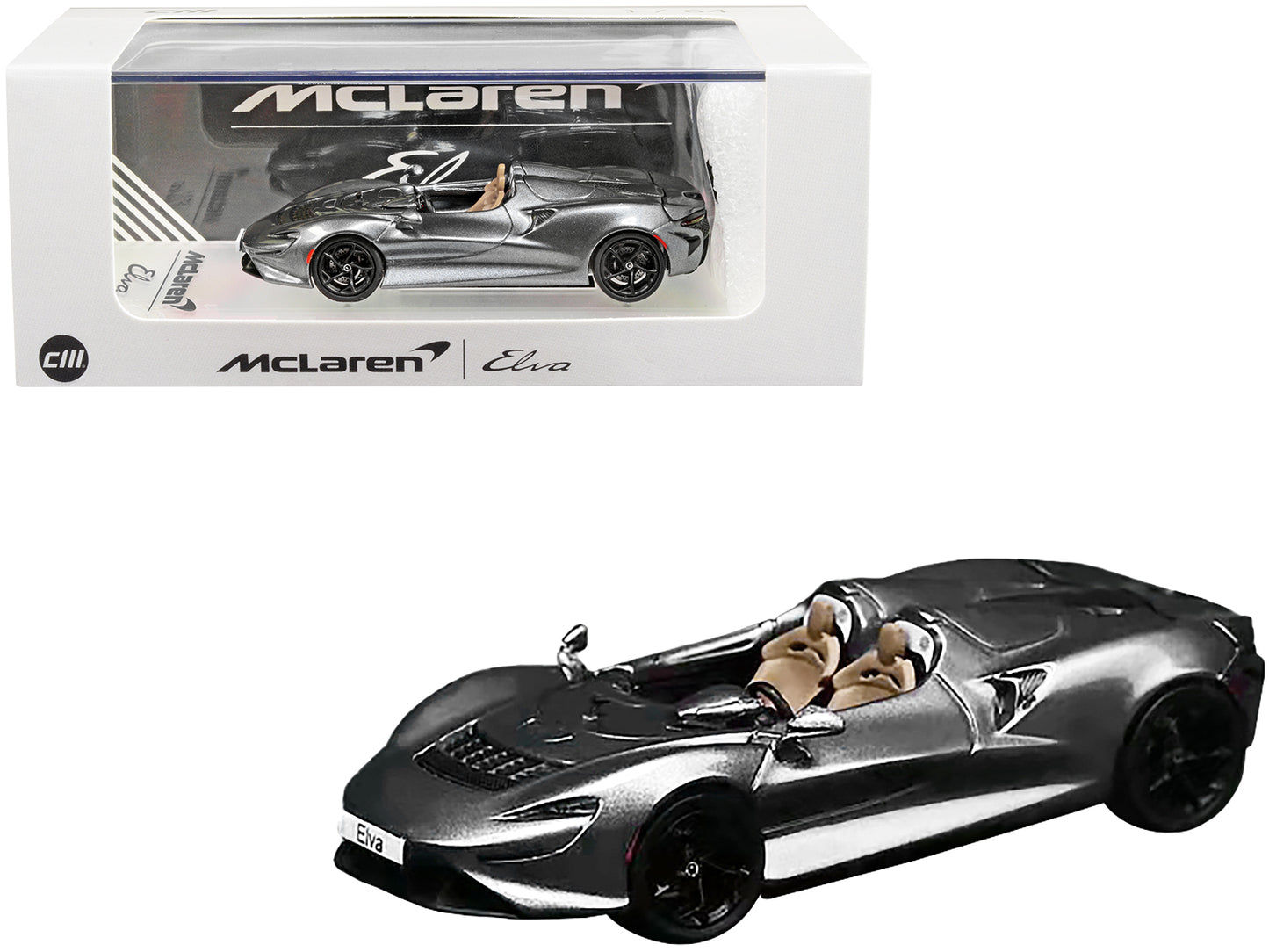 McLaren Elva Convertible Dark Gray Metallic w Extra Wheels 1/64 Diecast Car CM