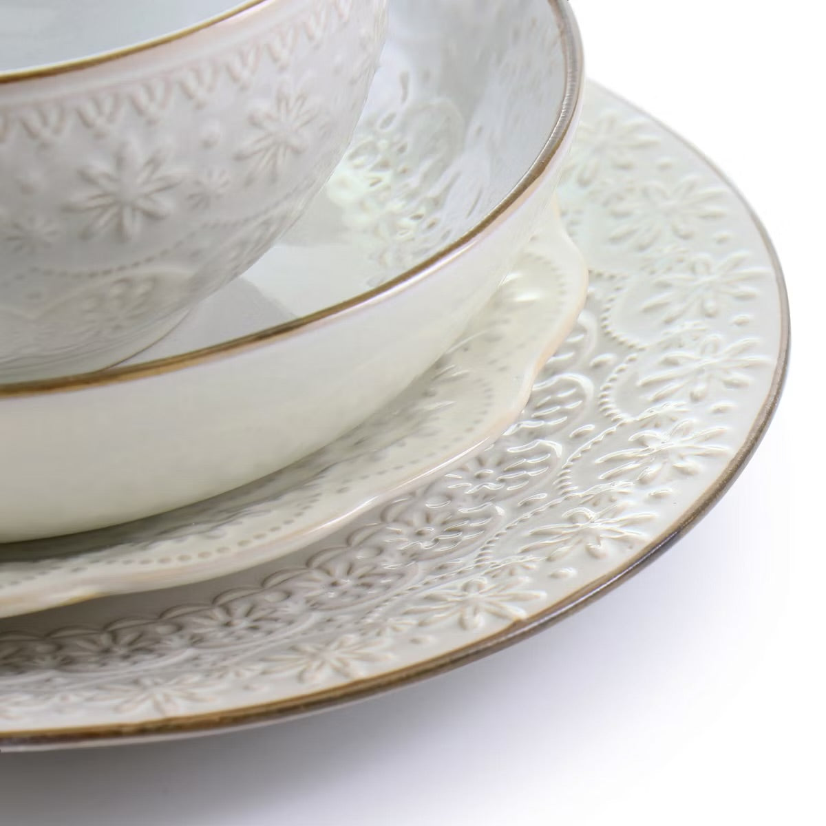 Elama Countess 16 Piece Embossed Double Bowl Stoneware Dinnerware Set Off-White