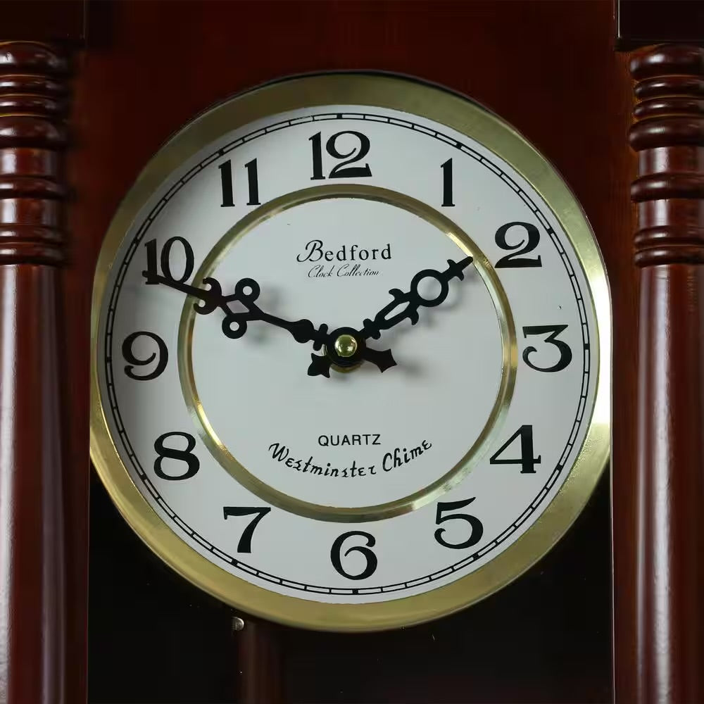Bedford 27.5" Cherry Oak Wood Traditional Wall Clock w Pendulum & Hourly Chimes
