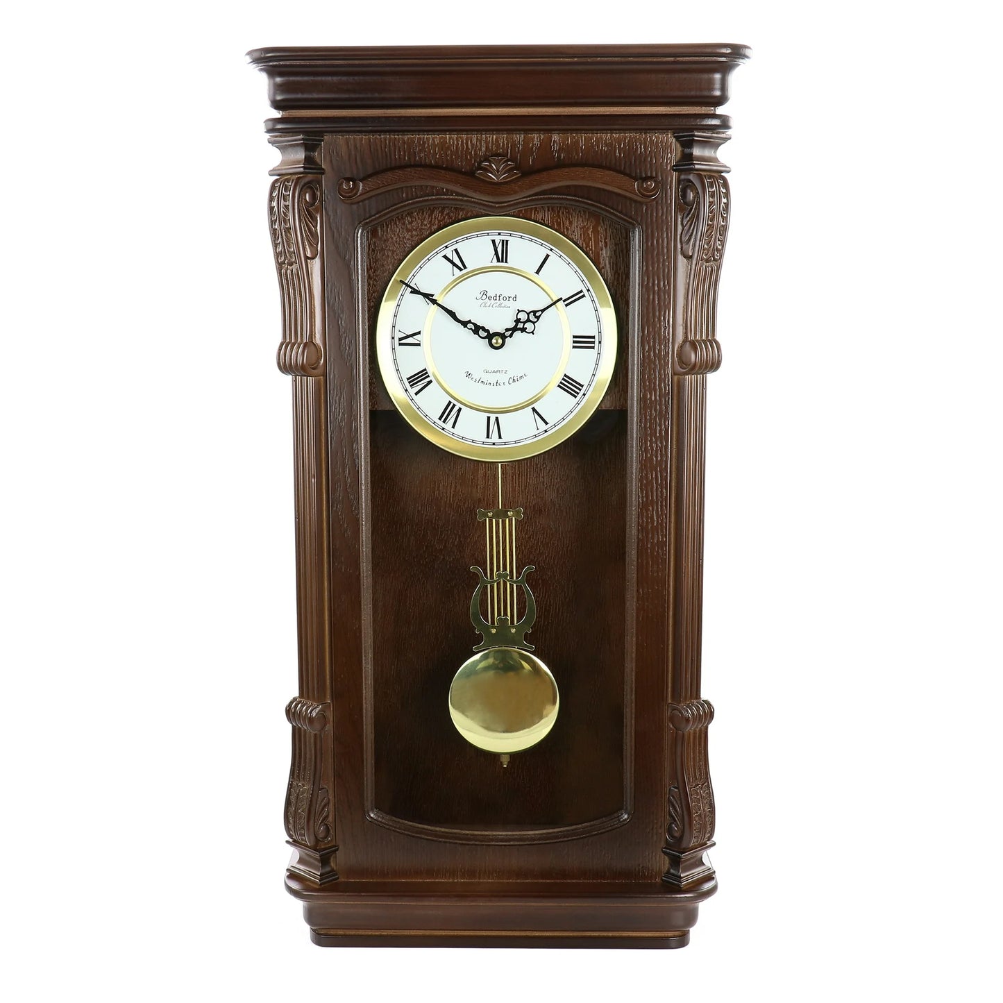 Bedford 26” Chestnut Wood Finish Wall Clock w Swinging Pendulum & 4 Chimes