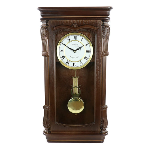Bedford 26” Chestnut Wood Finish Wall Clock w Swinging Pendulum & 4 Chimes