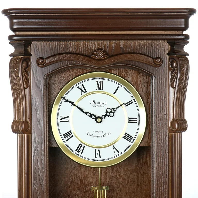 Bedford 26” Chestnut Wood Finish Wall Clock w Swinging Pendulum & 4 Chimes