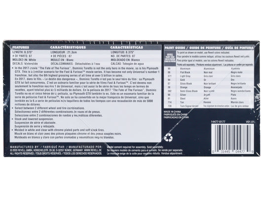 Level 4 Model Kit Dom's 1971 Plymouth GTX Fast & Furious 1/24 Scale Model Revel