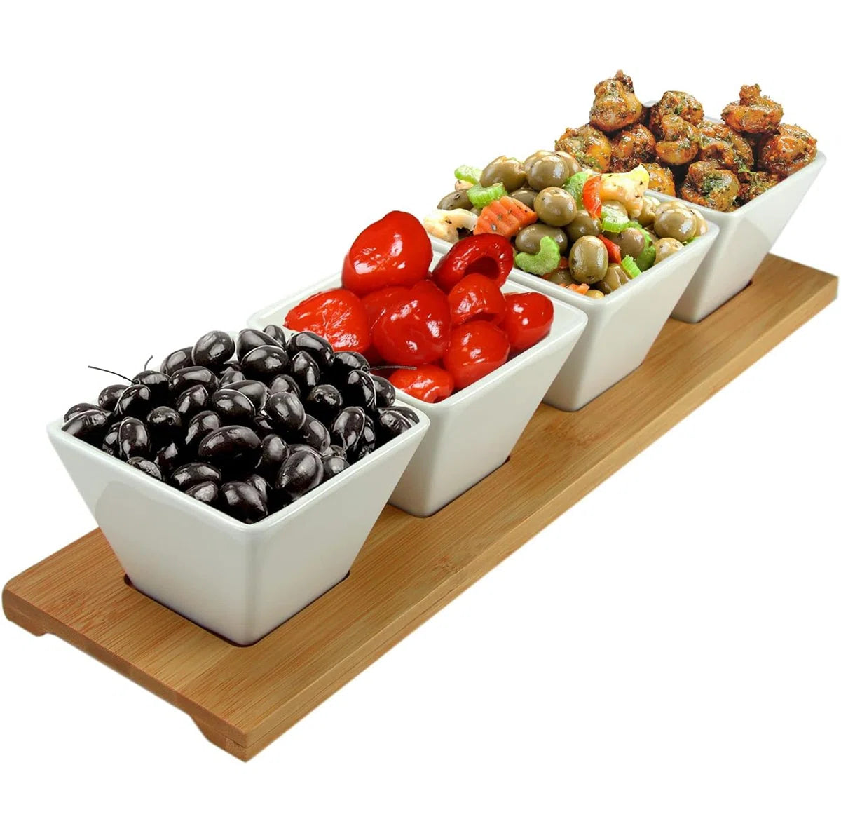 Elama Modern 5pc Appetizer & Condiment Server w 4 Dishes & Bamboo Tray