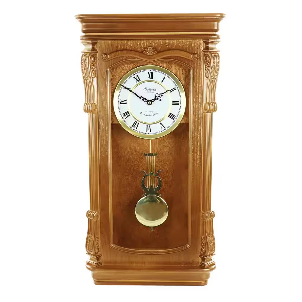 Bedford 26” Golden Oak Wood Finish Wall Clock w Swinging Pendulum & 4 Chimes