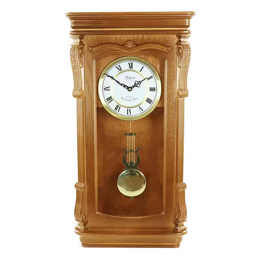 Bedford 26” Golden Oak Wood Finish Wall Clock w Swinging Pendulum & 4 Chimes