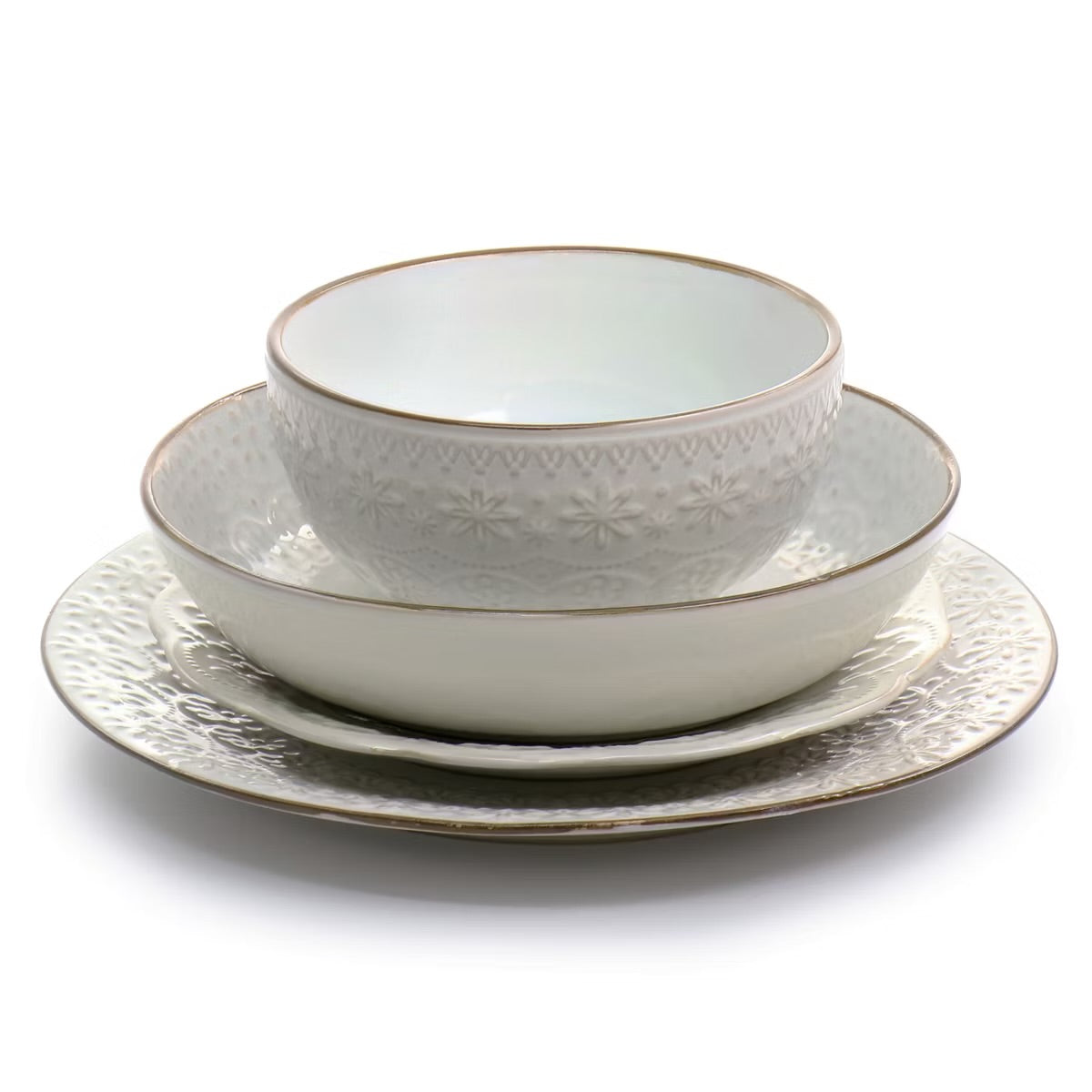 Elama Countess 16 Piece Embossed Double Bowl Stoneware Dinnerware Set Off-White