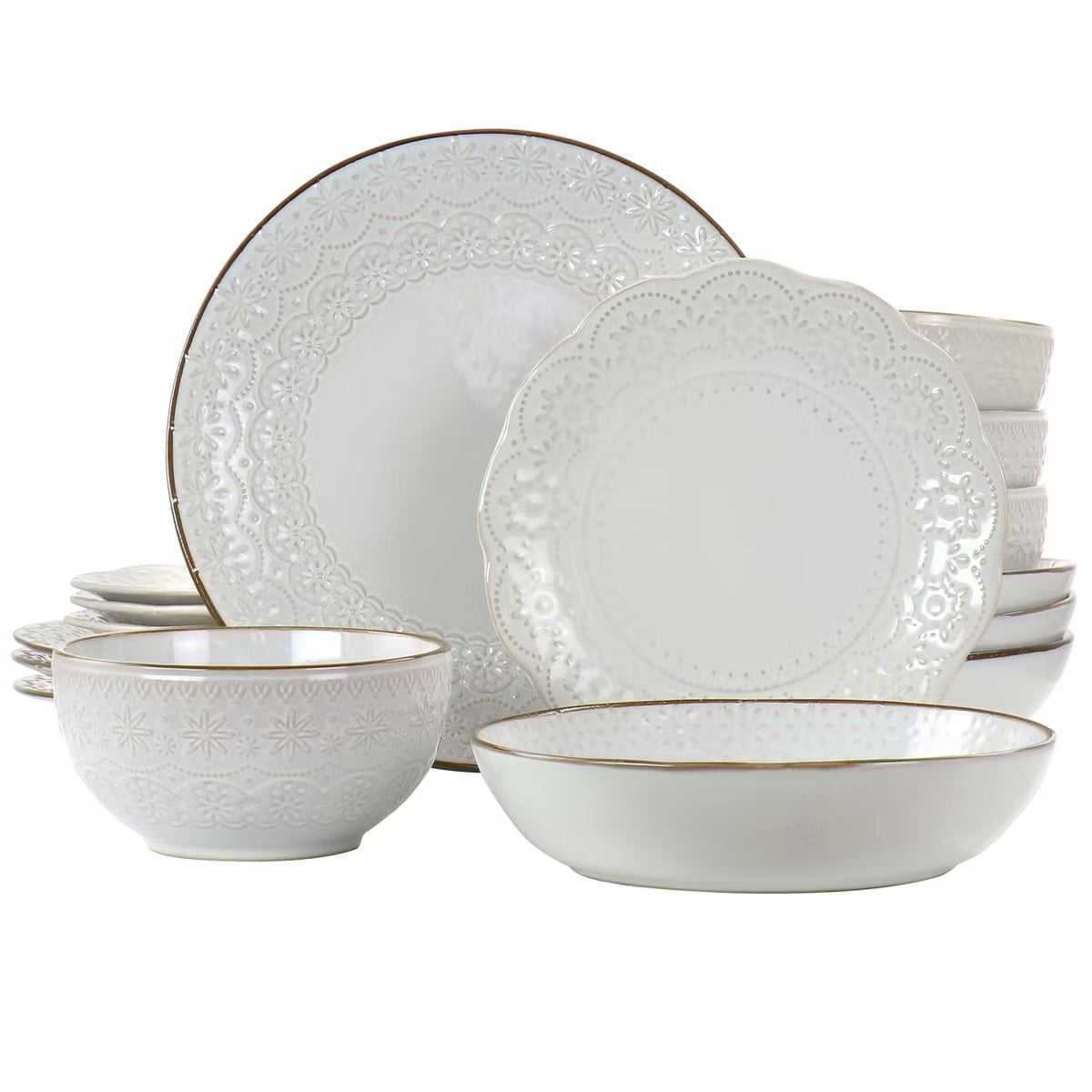 Elama Countess 16 Piece Embossed Double Bowl Stoneware Dinnerware Set Off-White