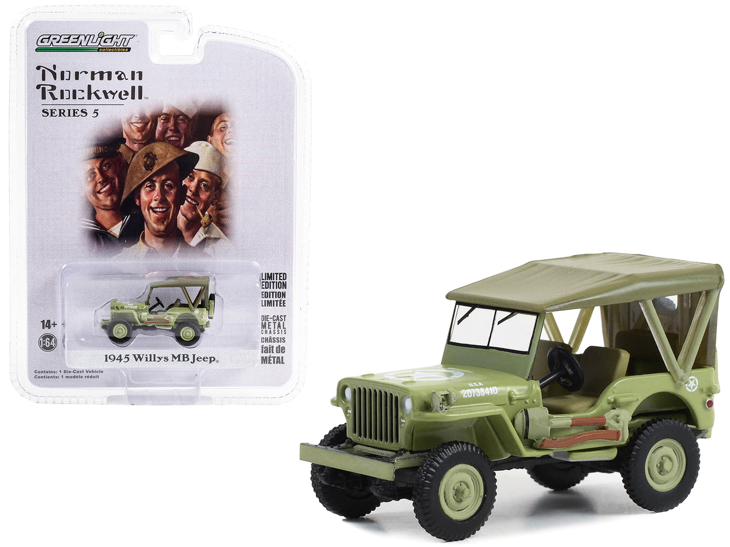 1945 Willys MB Jeep Light Green U.S. Army Norman Rockwell Series 5 1/64 Diecast