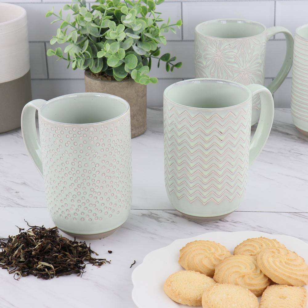 Laurie Gates Madrina 4 Piece 19 oz Stoneware Assorted Designs Mug Set in Mint
