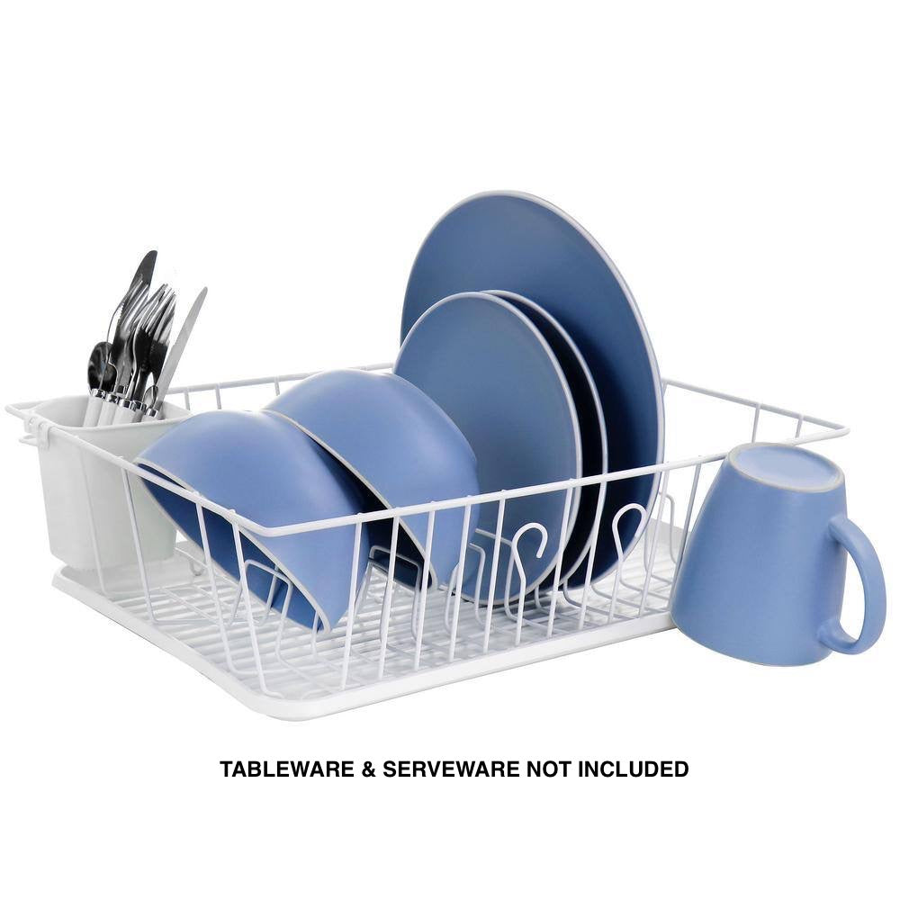 MegaChef 17.5" White Single Level Dish Rack w 14 Plate Positioners & Detachable