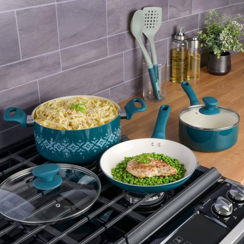 Spice By Tia Mowry 10 Piece Ceramic Nonstick Aluminum Cookware Set in Teal