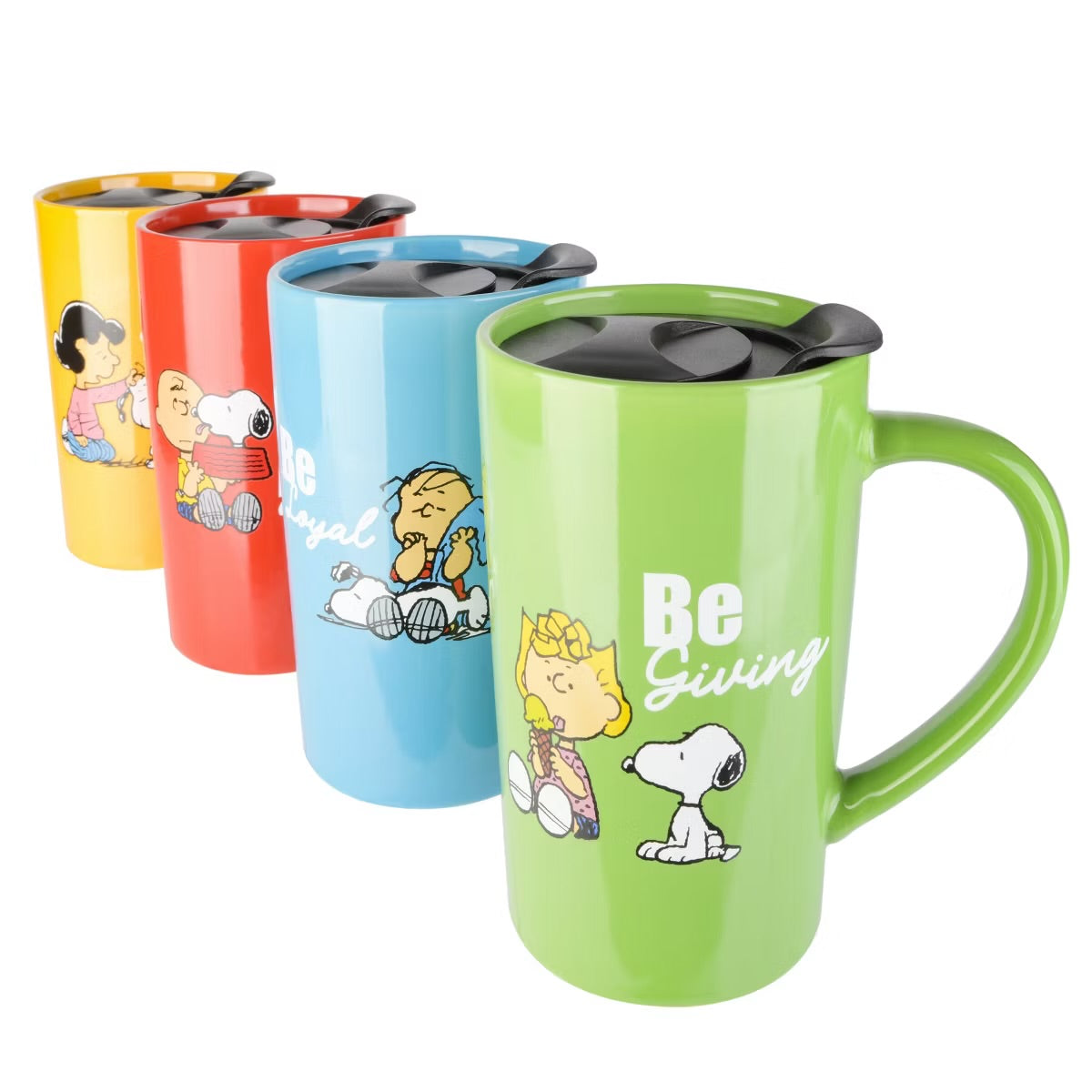 Peanuts Gentle Reminders Stoneware 4 Piece 18 oz Travel Cups in Assorted Designs