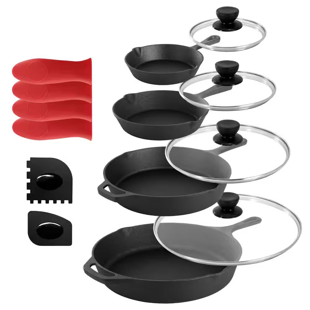 MegaChef 13 Piece Cast Iron Skillet Set w Tempered Glass Lids & Silicone Holder