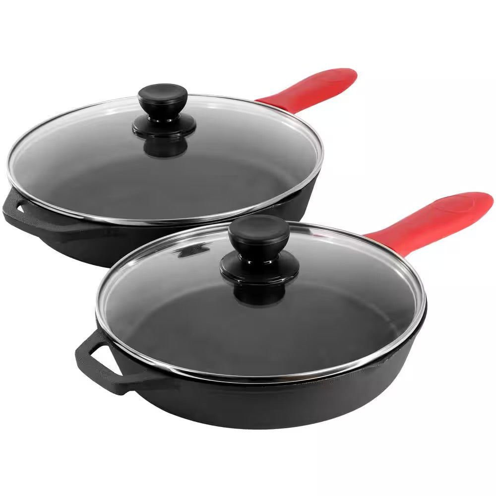 MegaChef 13 Piece Cast Iron Skillet Set w Tempered Glass Lids & Silicone Holder