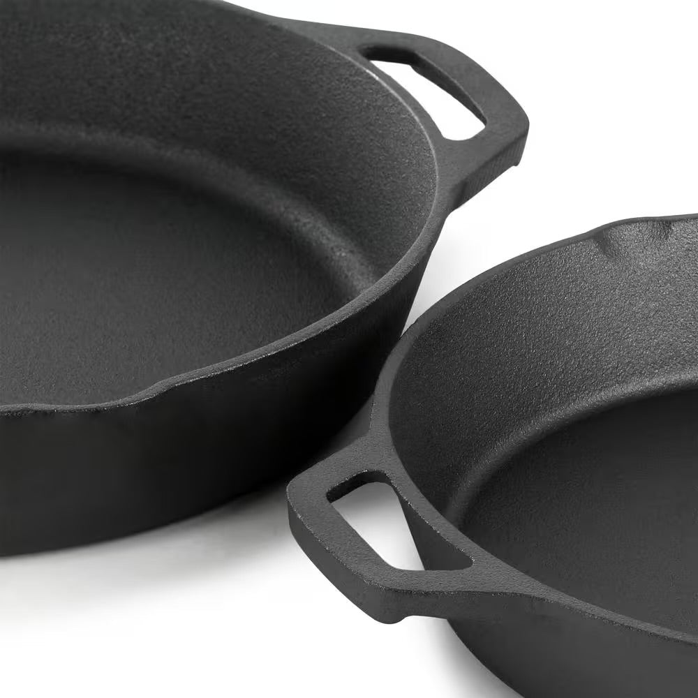 MegaChef 13 Piece Cast Iron Skillet Set w Tempered Glass Lids & Silicone Holder