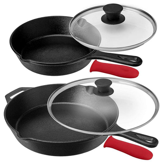 MegaChef Pre-Seasoned 6 pc Cast Iron Skillet Set w Lids & Red Silicone Holders