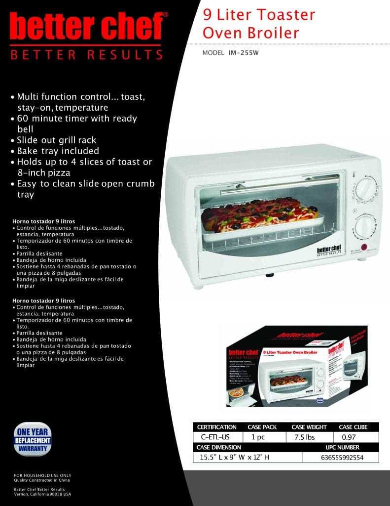 Better Chef 9 Liter Toaster Oven Broiler-White