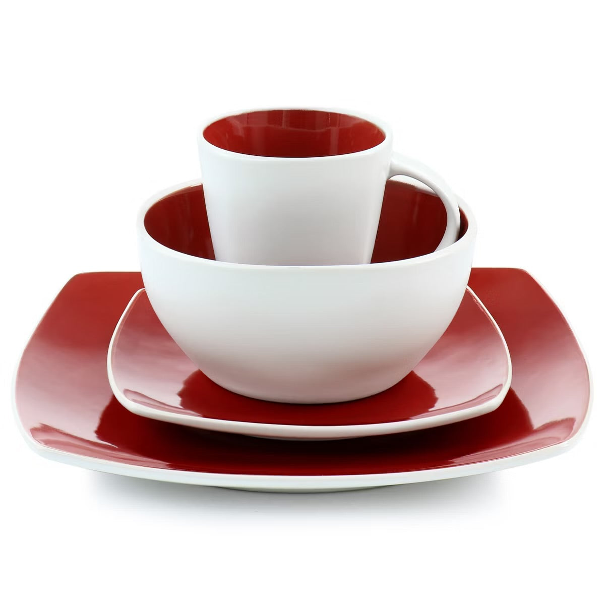 Gibson Elite Soho Lounge Red 16 Pc Square Stoneware Dinnerware Set for 4