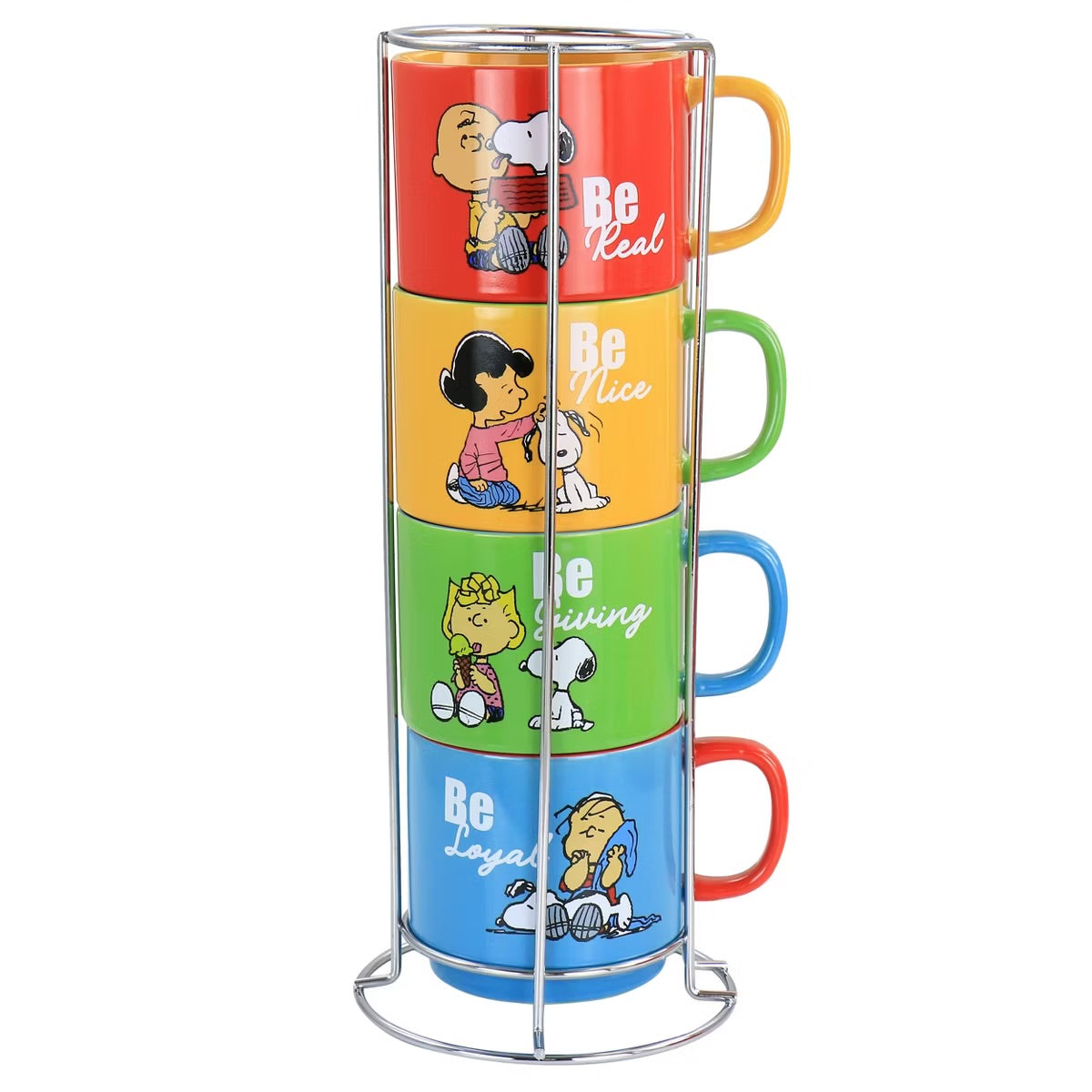 Gibson Peanuts Gentle Reminders 4 Piece Stoneware Mug Set w Stand