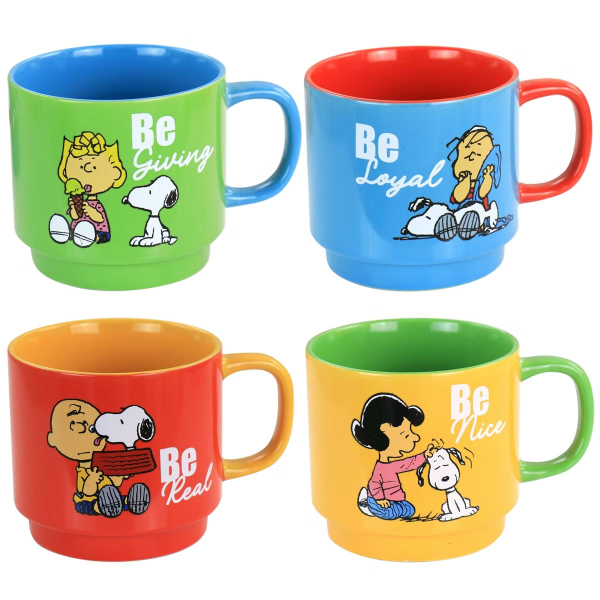 Gibson Peanuts Gentle Reminders 4 Piece Stoneware Mug Set w Stand