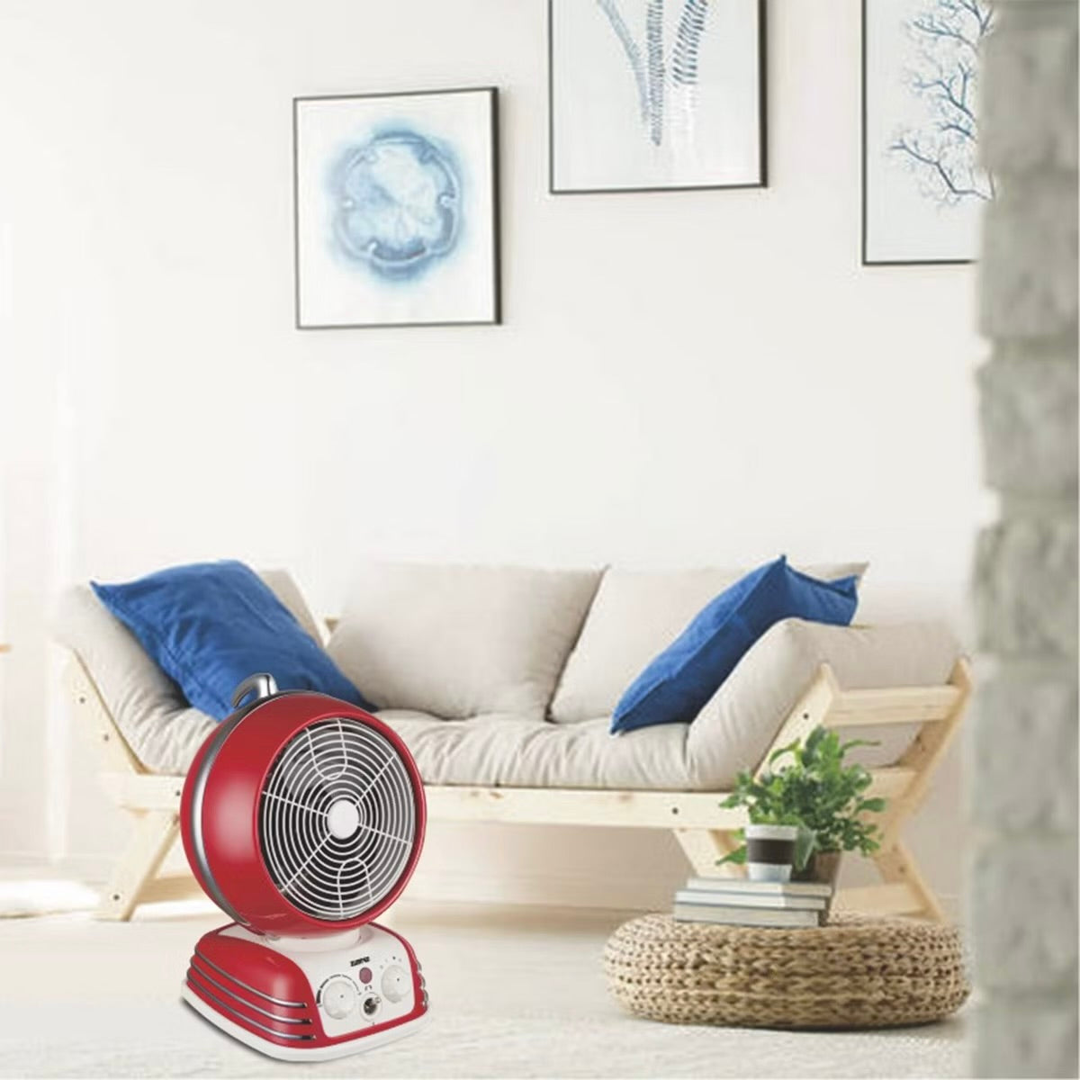 Optimus 1500W Red Retro Oscillating Fan Heater w Thermostat Auto-off