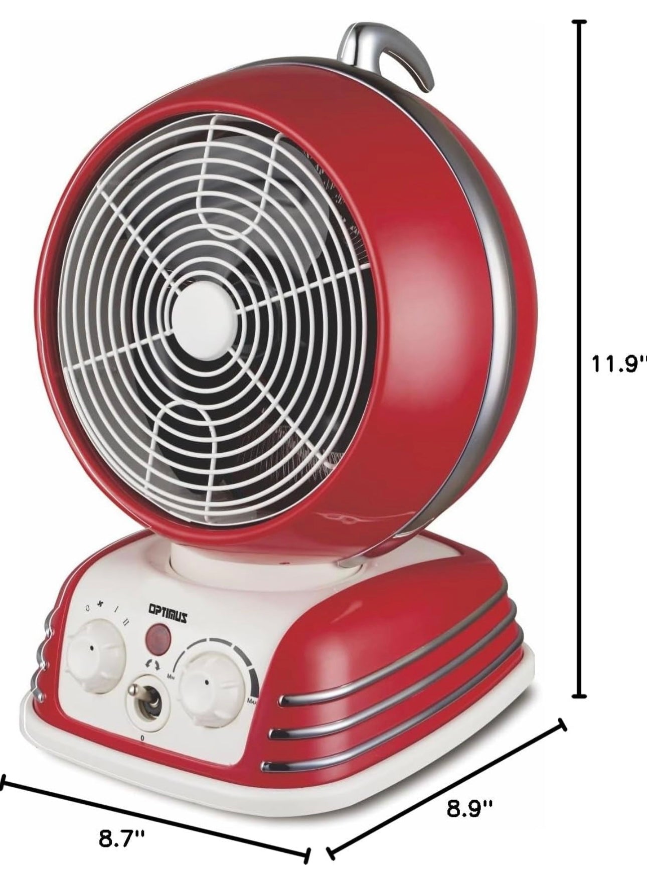 Optimus 1500W Red Retro Oscillating Fan Heater w Thermostat Auto-off