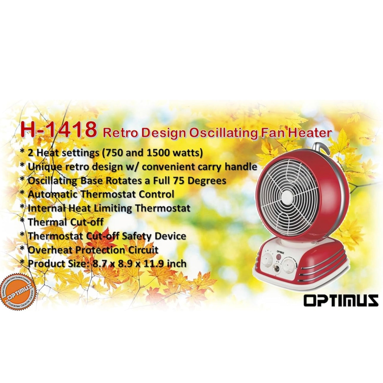 Optimus 1500W Red Retro Oscillating Fan Heater w Thermostat Auto-off