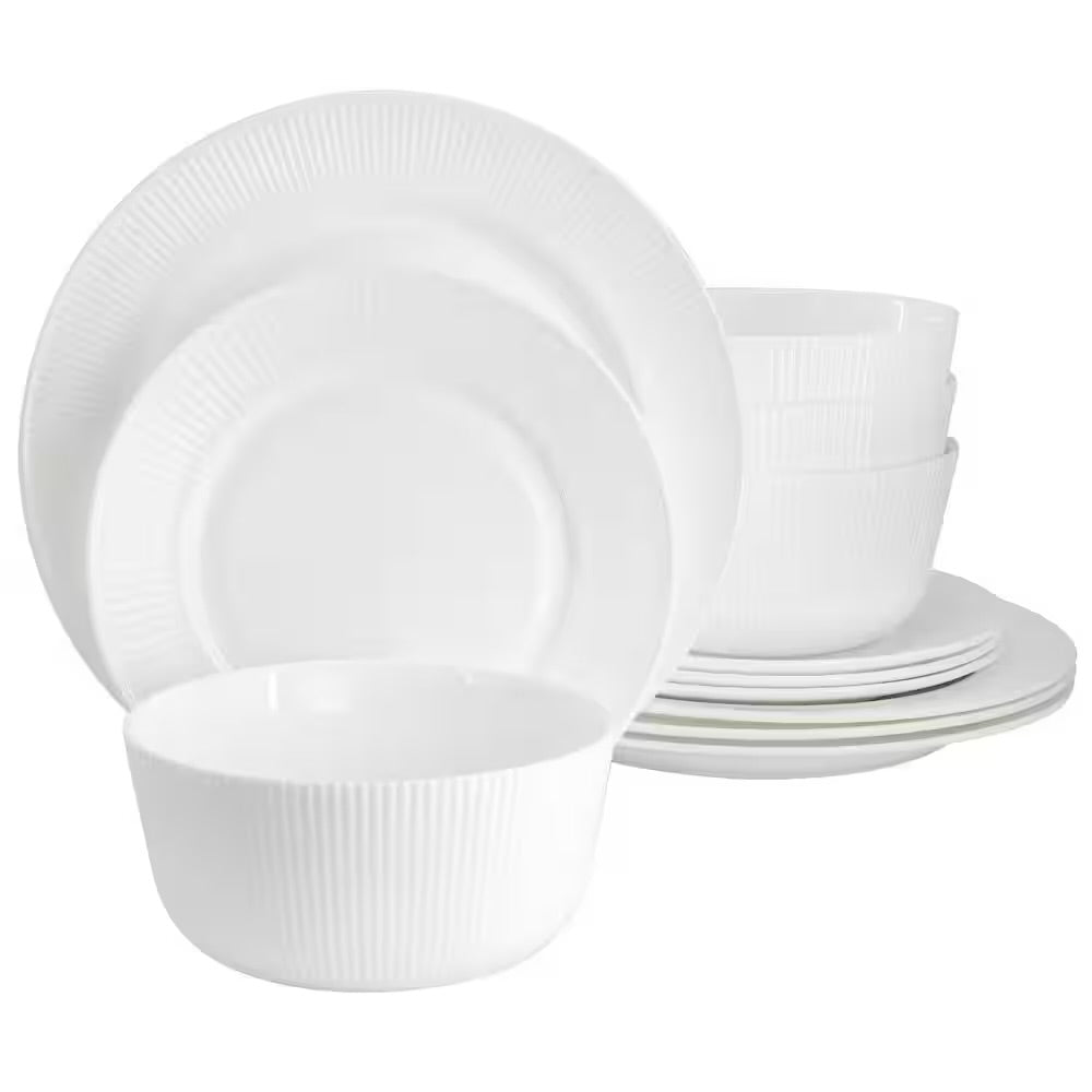Gibson Ultra Swanton Stripe 12 Piece White Opal Glass Dinnerware Set