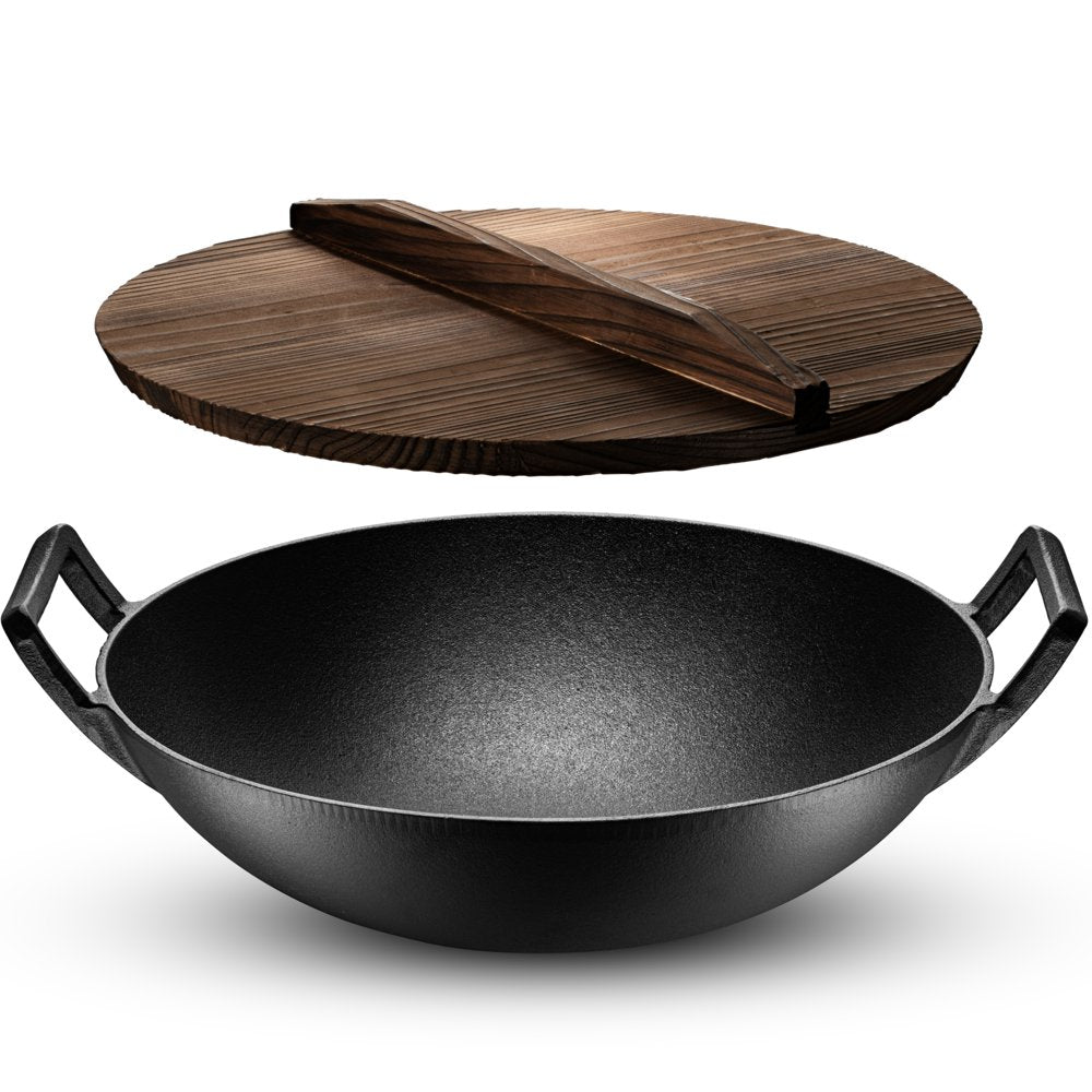 General Store Addlestone 2 Piece 14" Heavy Duty Cast Iron Wok w Wood Lid