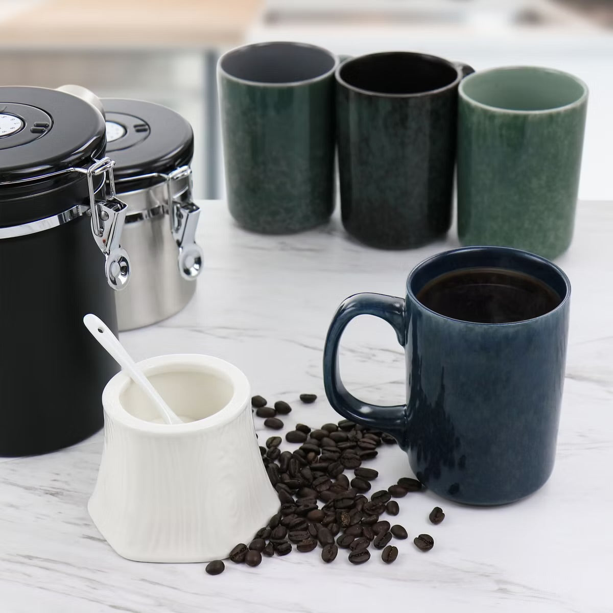 Mr. Coffee Sidewalk Blues 18 oz 4 Piece Stoneware Mug Set Assorted Colors