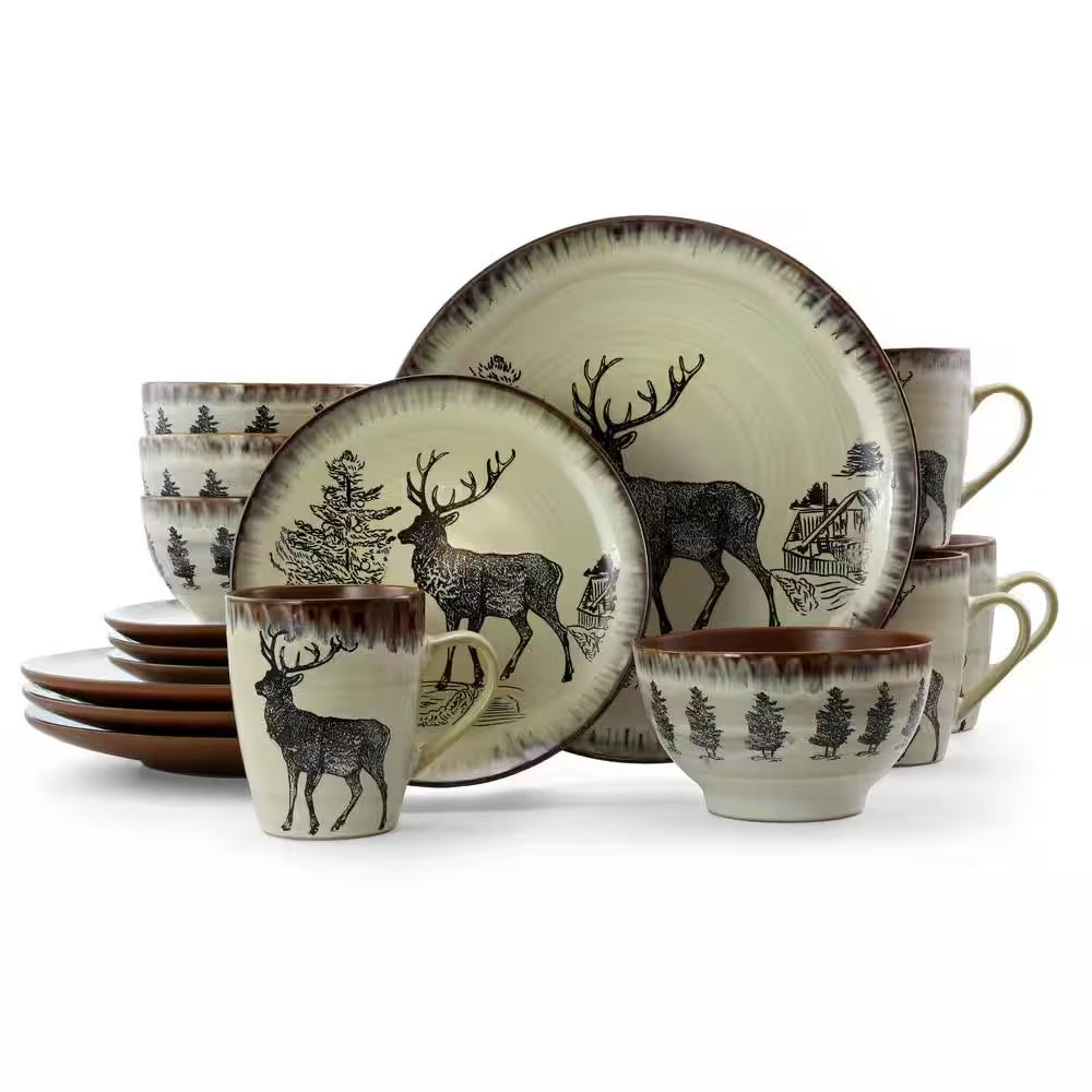 Elama 16 Piece Majestic Elk Rustic Taupe Stoneware Complete Dinnerware Set For 4
