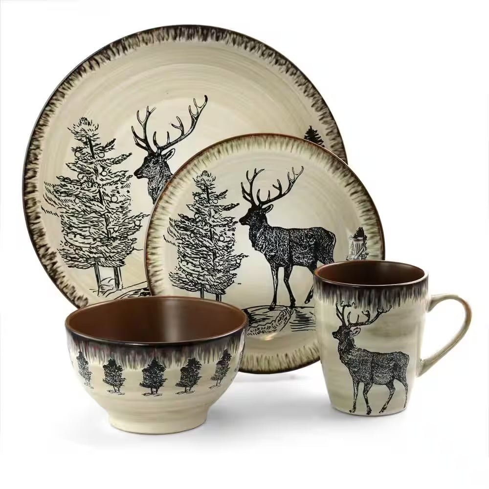 Elama 16 Piece Majestic Elk Rustic Taupe Stoneware Complete Dinnerware Set For 4