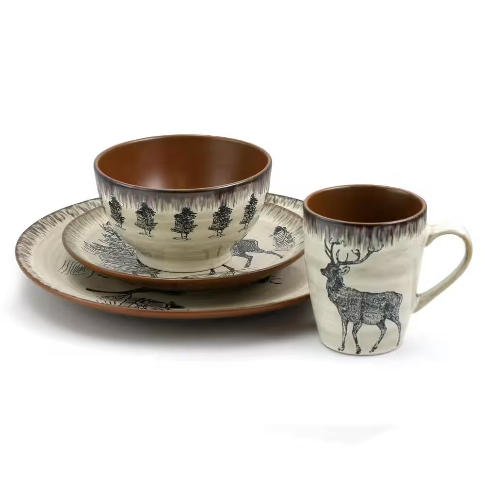 Elama 16 Piece Majestic Elk Rustic Taupe Stoneware Complete Dinnerware Set For 4