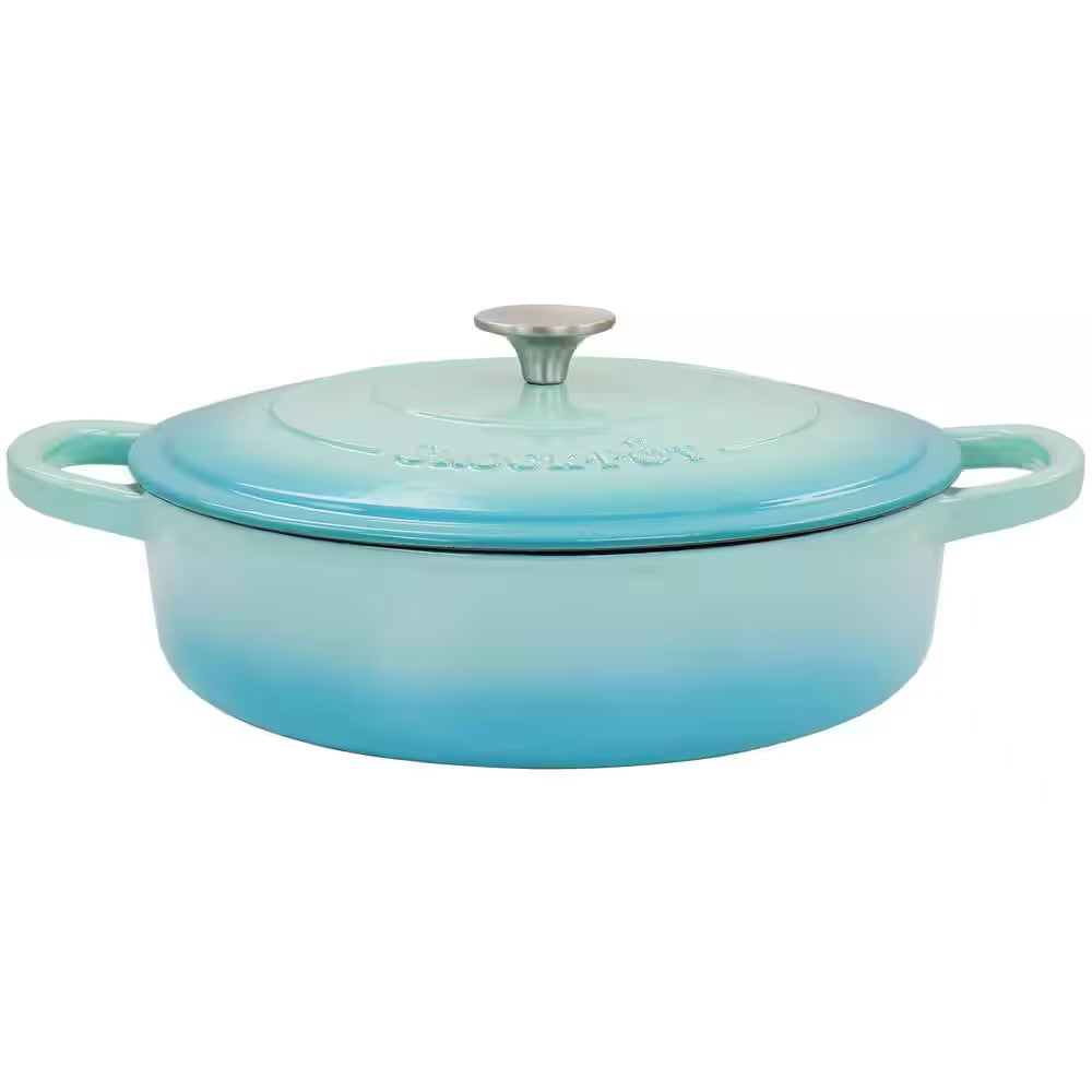 Crock Pot Artisan 5 Quart Enameled Cast Iron Braiser Pan w Lid in Gradient Aqua