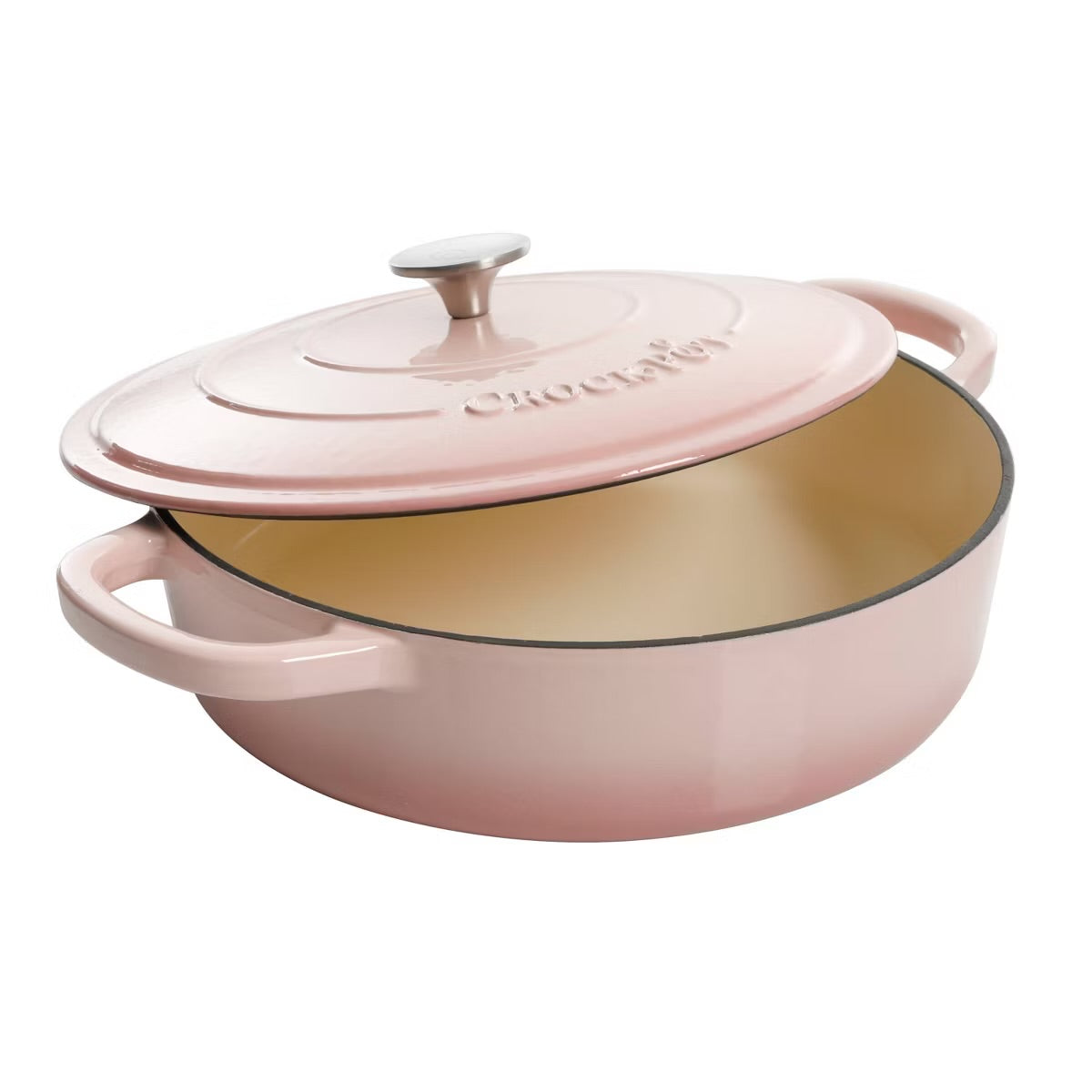 Crock Pot 5 Quart Round Pink Enameled Cast Iron Braiser Pan w Self Basting Lid