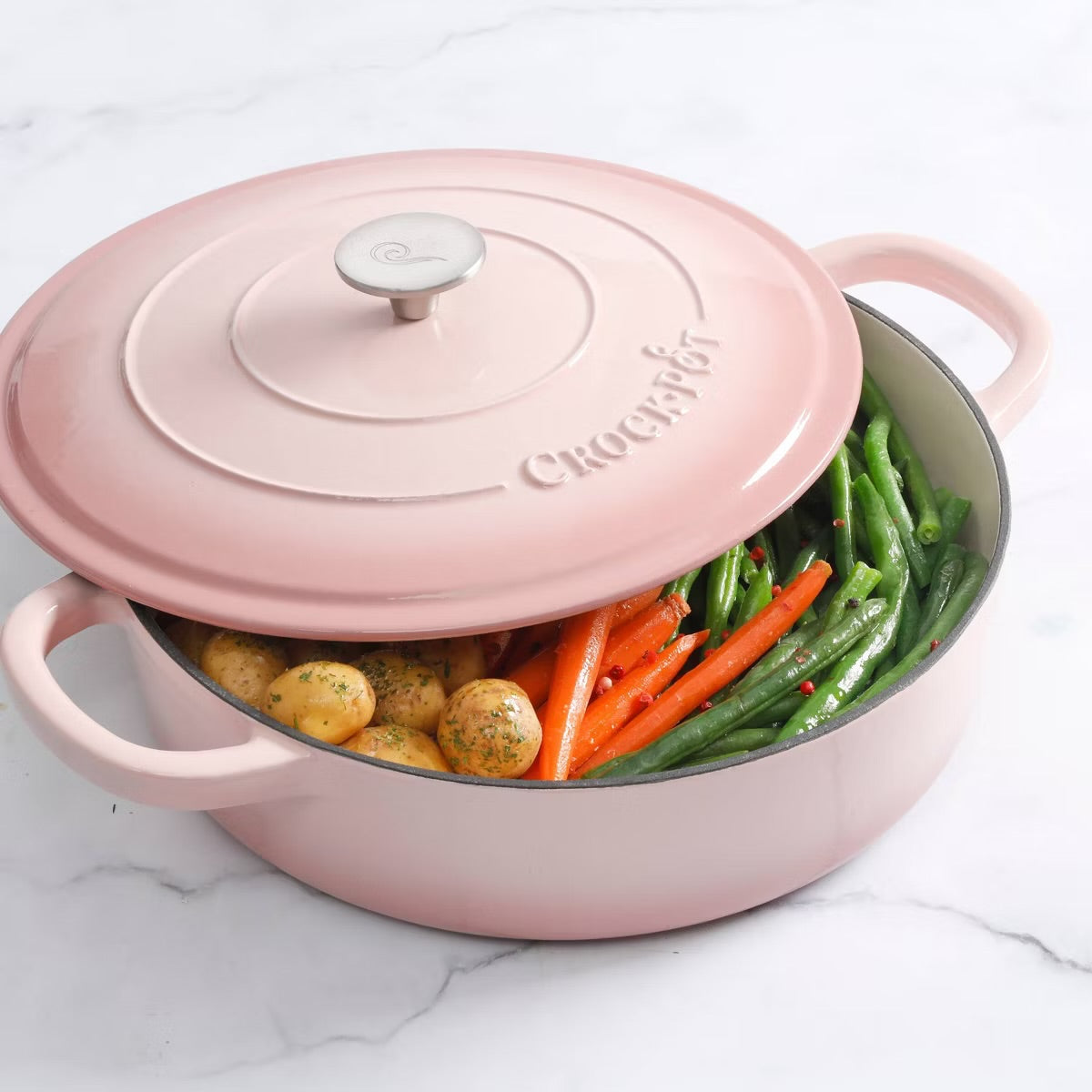 Crock Pot 5 Quart Round Pink Enameled Cast Iron Braiser Pan w Self Basting Lid