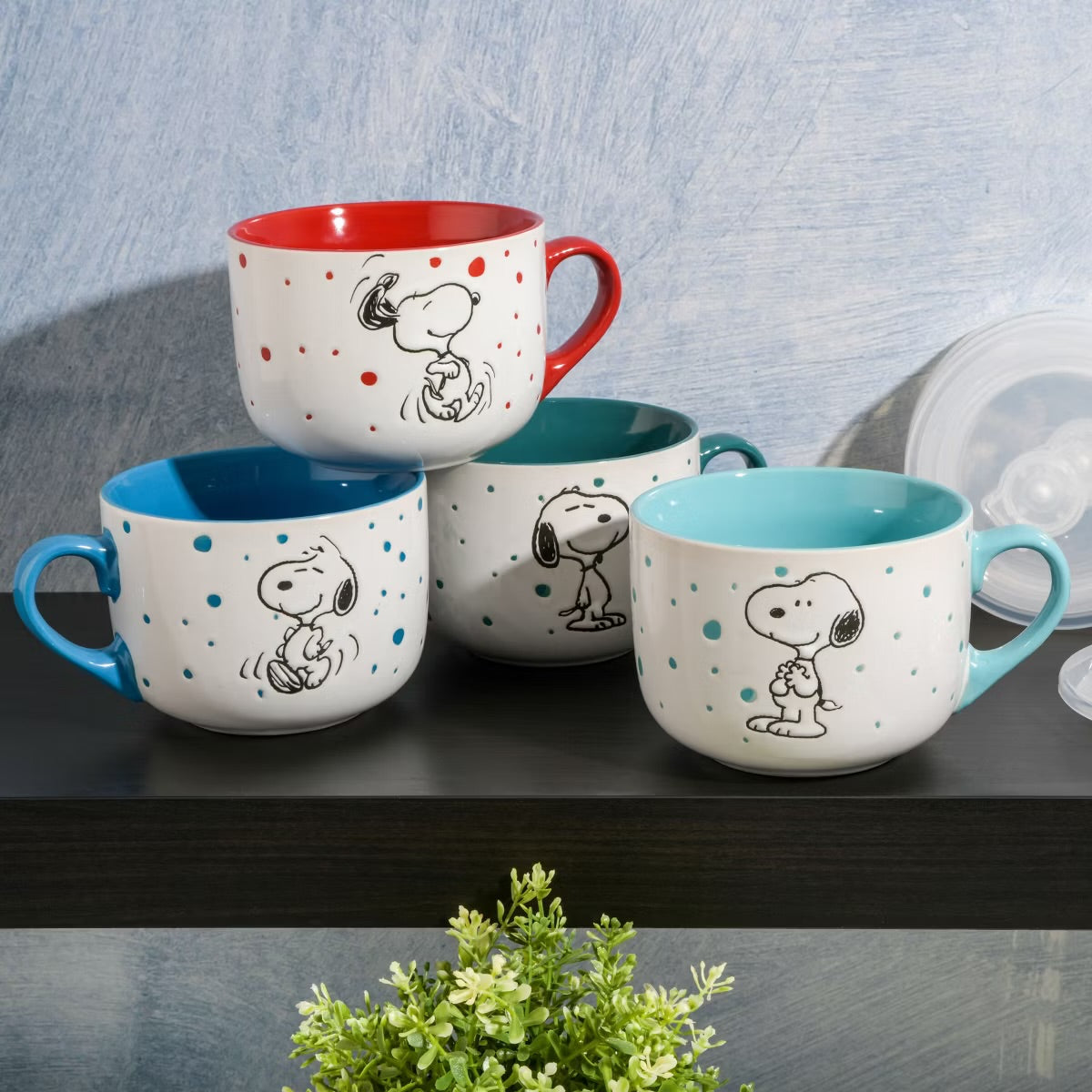 Peanuts Freckled Joy 25 oz Stoneware 4 Piece Soup Cup & Lid Set Assorted Colors