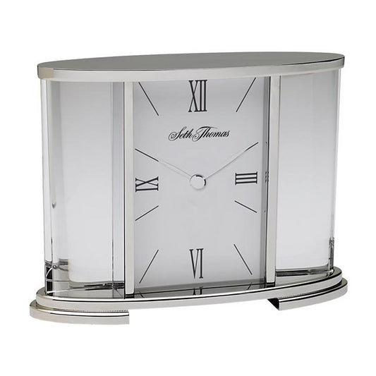 Seth Thomas White & Silver Glass Carriage Table Clock