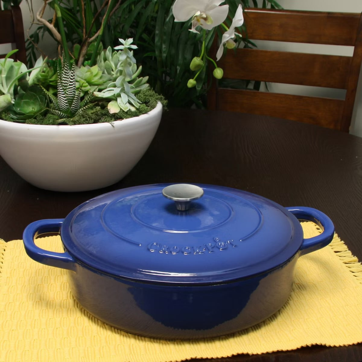 Crock Pot Enameled Round Sapphire Blue 5 qt Cast Iron Braiser Pan w Lid