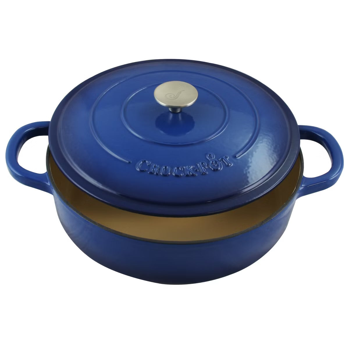 Crock Pot Enameled Round Sapphire Blue 5 qt Cast Iron Braiser Pan w Lid