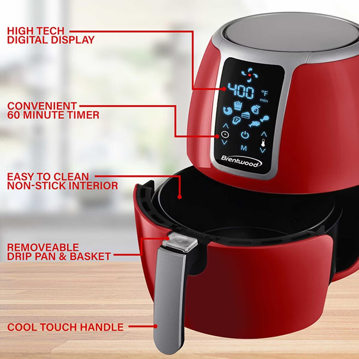 Brentwood Small 1400 Watt 4 Qt Electric Digital Air Fryer w Temperature Control