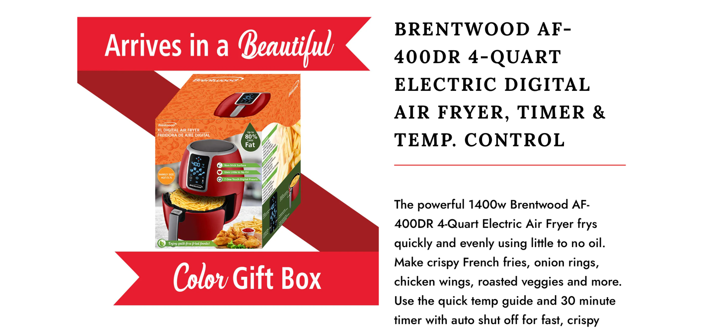 Brentwood Small 1400 Watt 4 Qt Electric Digital Air Fryer w Temperature Control