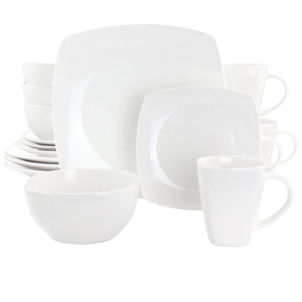Gibson Elite Soho Lounge White 16 Piece Square Fine Ceramic Dinnerware Set