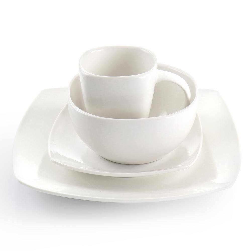 Gibson Elite Soho Lounge White 16 Piece Square Fine Ceramic Dinnerware Set
