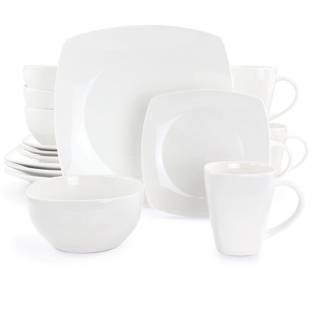 Gibson Elite Soho Lounge White 16 Piece Square Fine Ceramic Dinnerware Set