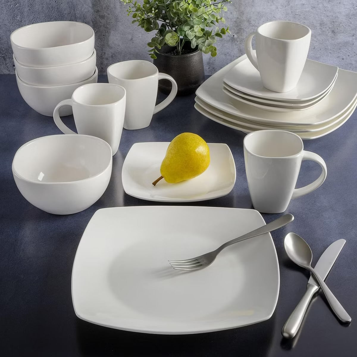 Gibson Elite Soho Lounge White 16 Piece Square Fine Ceramic Dinnerware Set